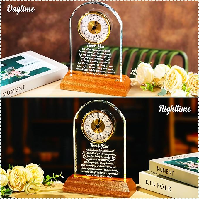 Arikyrist Thank You Gifts for Women Men, Appreciation Clock Gift for Coworkers Friends Teachers with Wooden Light Base, Inspirational Presents for Family Office Desk Clock Decor