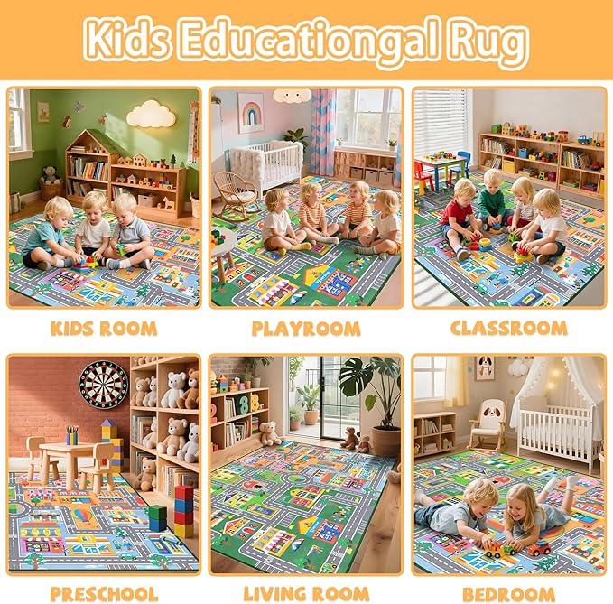 Car Rugs for Kids Room, City Life Kids Area Rugs for Bedroom Educational Learn Traffic Road Rug Decorate Nursery Toddler Classroom Preschool Living Room Playroom, 5x7 Feet