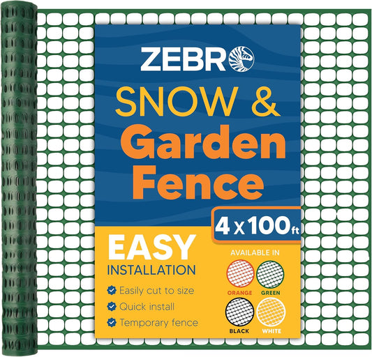 ZEBRO 4' x 100' Green Plastic Garden Fence Roll – Standard Duty Safety Netting for Snow, Poultry, Deer, Dogs – Reusable Outdoor Barrier for Yard, Landscaping, Animal Protection