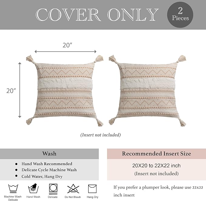 BlissBlush Decorative Throw Pillow Covers 20x20 Combo Set of 2 Square Cream Neutral White Boho Accent Pillowcase Tassels Farmhouse Cushion for Couch Sofa Bedroom Living Room Home Décor Cover ONLY