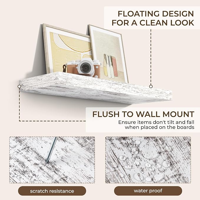 RICHFOCUS 31.5Inch Floating Shelves for Wall 2 Pack Shelves for Bedroom|Kitchen|Bathroom Wall Mounted Rustic Distressed Wood Floating Shelf with Invisible Brackets for Books|Storage|Decor, Rustic