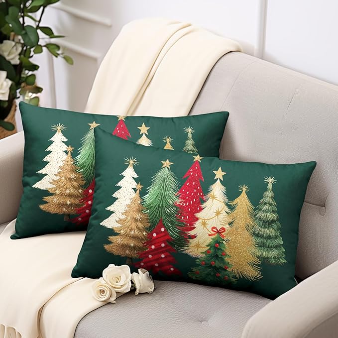 Green Christmas Lumbar Pillow Covers Christmas Tree Throw Pillow Case 12x20 Set of 2 Winter Xmas Rectangular Pillowcase Holiday Cushion Case for Living Room Bedroom Couch Sofa