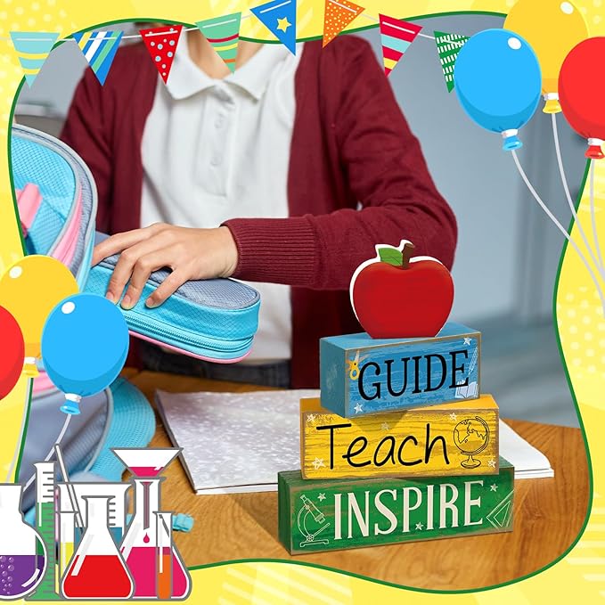 Yuntau 4 Pcs Teacher Appreciation Gift Wooden Table Decoration Apple Tiered Tray Decor Guide Teach Inspire Teacher Appreciation Gift Apple Block Sign Centerpiece Decor for Office Classroom