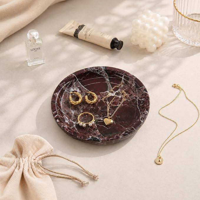 Small Natural Marble Jewelry Tray Key Plate Holder Dish Trinket Decor Catch All Bowl for Ring Earring Stone Gift for Women Daugther,Rosso Levanto,5.5"