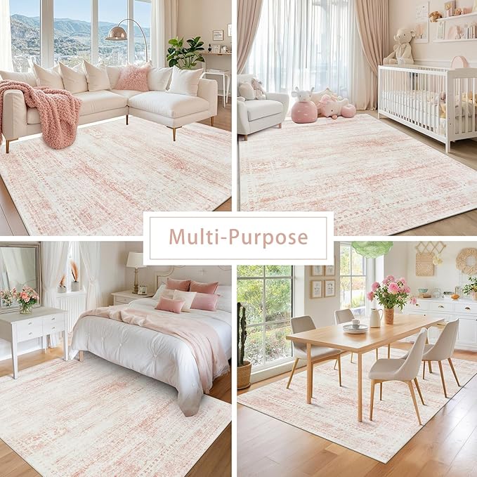 Srugn Washable Rugs 9x12 Area Rugs for Living Room,Rugs for Bedroom,Large Carpets,Ultra Soft Faux Wool Retro Dining Room Rug,Non Slip&Non-Shedding Low Pile Vintage Print Rug for Home Office-Pink White