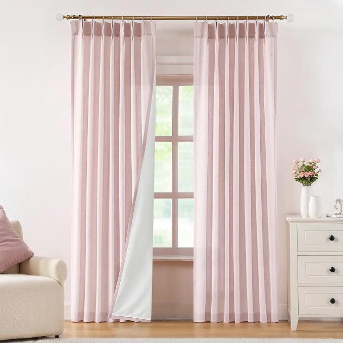 Central Park Pink Pinch Pleat Light Filtering Window Curtain Panels with Microfiber Liner Linen Blended Textured Privacy Drape 112 Inches Long for Living Room Bedroom with Back Tabs Hooks, 40"x112"x2