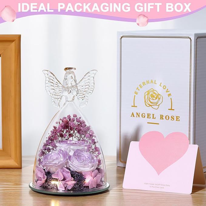 Mothers Day Rose Gifts for Women Preserved Real Flower in Glass Angel Figurines Roses for Delivery Prime Birthday Gifts for Mom Grandma Girlfriend Wife Her, Pearlescent Purple
