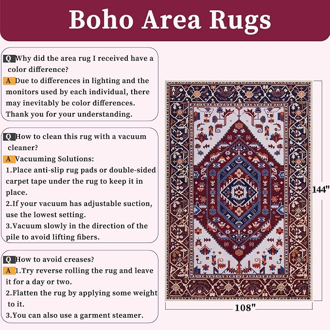 SERISSA 9x12 Area Rugs for Living Room, Large Washable Non-Slip Boho Rug, Ultra Soft Vintage Burgundy Navy Oriental Tribal Print Distressed Carpet for Dining Room Bedroom Dorm Office Home Decor