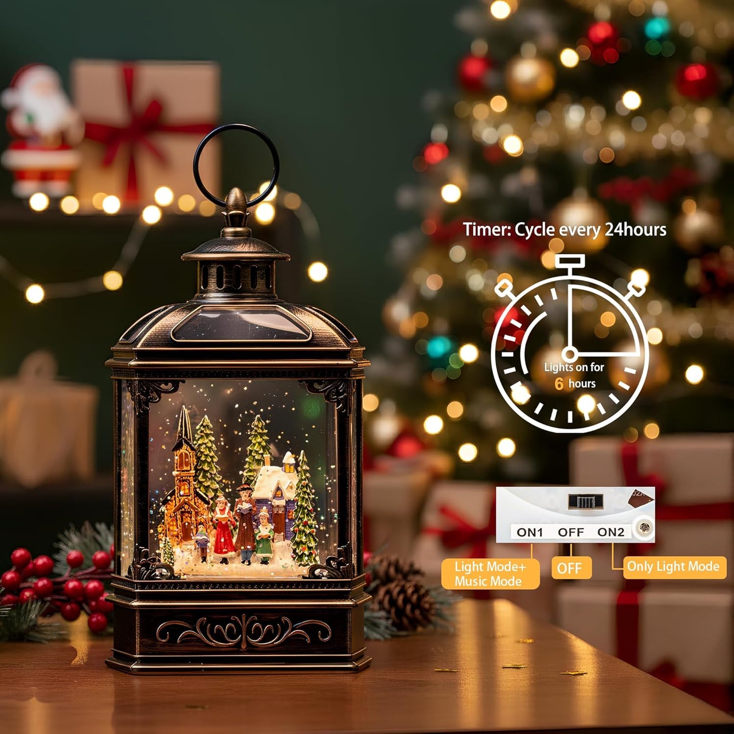 Christmas Snow Globe Lantern Water Glittering Town Home with Carolers, Music & Timer, USB Lined/Battery Operated Lighted Lantern for Christmas Festival Decoration Gifts