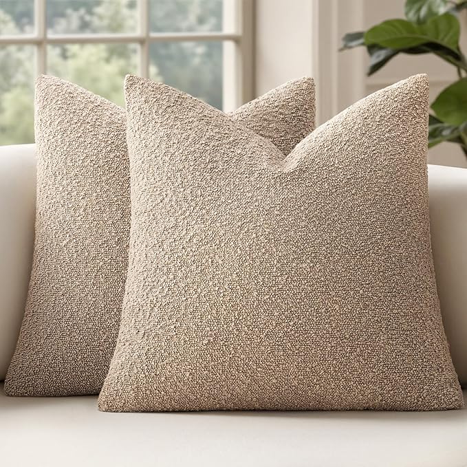 MIULEE 18x18 Inch Decorative Pillow Covers for Couch Bed Set of 2 Textured Boucle Neutral Throw Pillow Covers Taupe Khaki Camel Accent Solid Pillowcases Sofa Living Room Home Decor