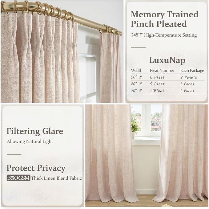 Linen Pleated Semi Sheer Curtains 90 Inches Long 2 Panels Set for Dining Room, Memory Trained Pinch Pleat Light Filtering Taupe Farmhouse Windows Drapes with Back Tab 50x90 Inch Length Bedroom Curtain