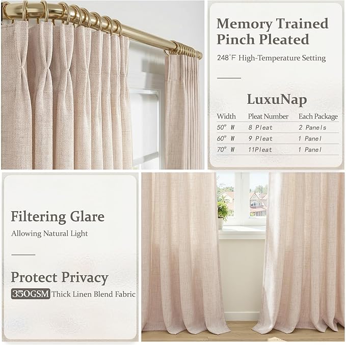 102 Inch Extra Long Pinch Pleated Curtains for Nursery/Kids Room, Natural Linen Memory Shape Light Filtering Privacy Rustic Curtain Semi Sheer Drapes 2 Panels Set Elegant Decor Windows Burg