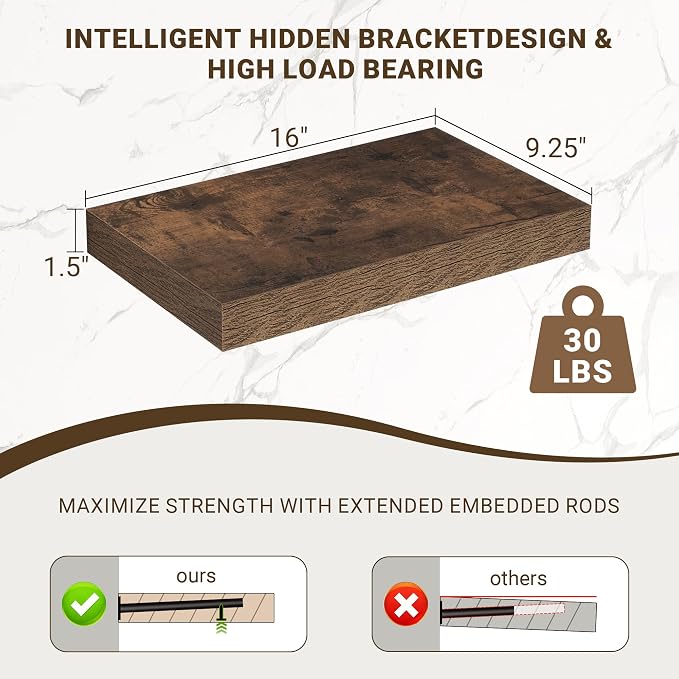 Acovy 16 Inch Floating Shelves, 16"x9.25"x1.5" Inch Deep Floating Shelves for Wall, Wooden Shelves for Bathroom, Bedroom, Living Room, Brown, 2 Pieces
