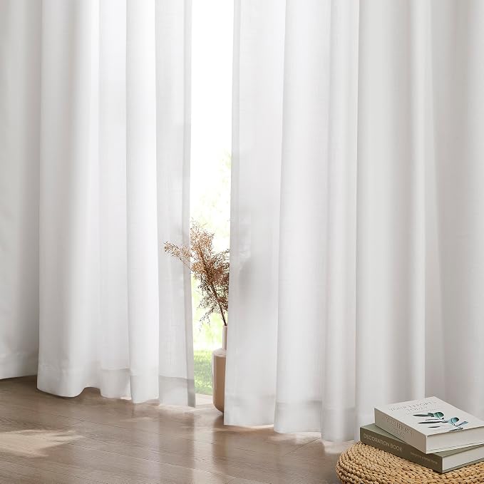 Central Park White Pinch Pleat Light Filtering Curtain 90 Inch Linen Blended Window Treatment Privacy Drape with Microfiber Liner for Living Room Bedroom with Back Tabs Hooks, 40" Wx90 L, 2 Panels