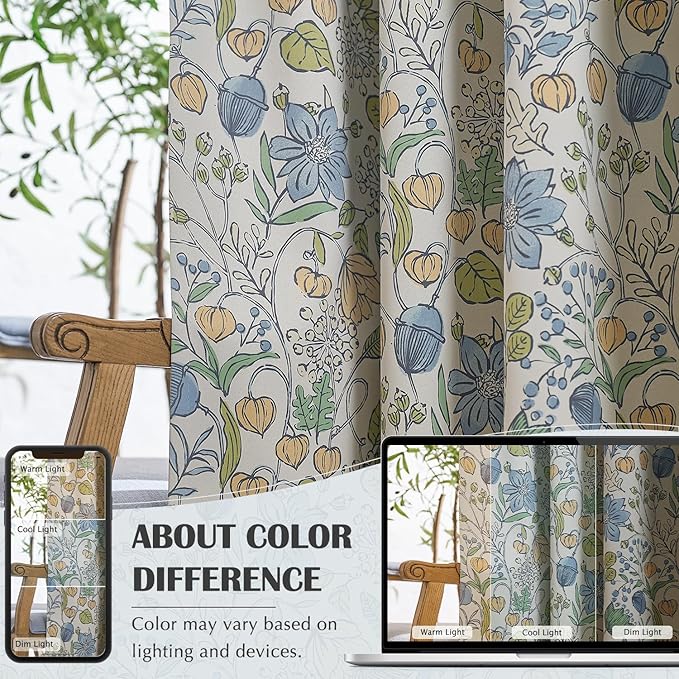 jinchan Nursery Curtains 95% Blackout Blue Floral Curtains for Kids Room, 96 Inch Length Farmhouse Drapes for Bedroom Living Room Darkening Window Treatment Grommet Top Set of 2 Panels