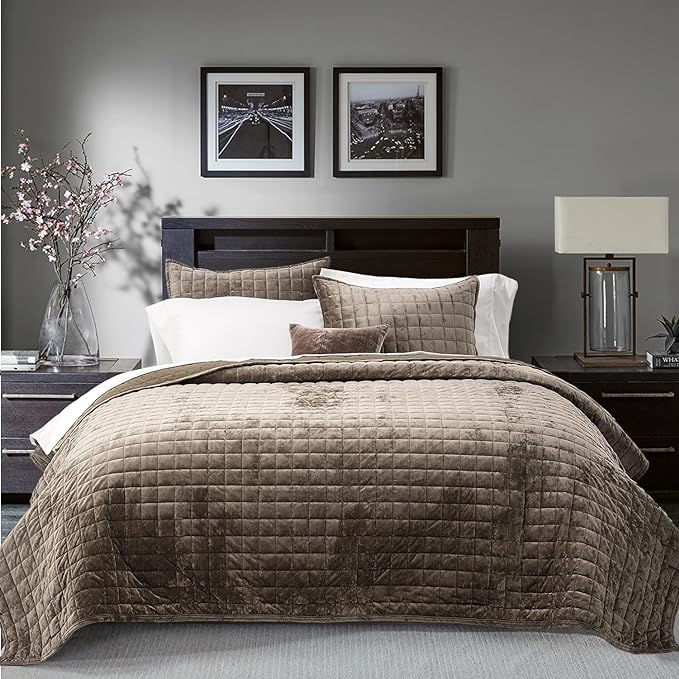 RECYCO Luxury Velvet Quilt Set Full Queen Size Bedding Sets, Ultra Soft Velvet Comforter Set, Lightweight Channel Box Stitch Oversized Bedspread Coverlet for All Season, with 2 Shams, Mocha Brown