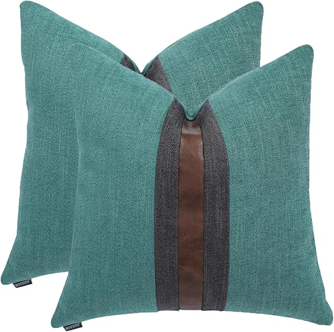 BOYSUM Set of 2 Leather Throw Pillow Covers Cotton Linen Decor Patchwork Pillow Cover Faux Leather Pillows Cover for Couch Sofa Living Room Bedroom,Grass Green 20"x20"