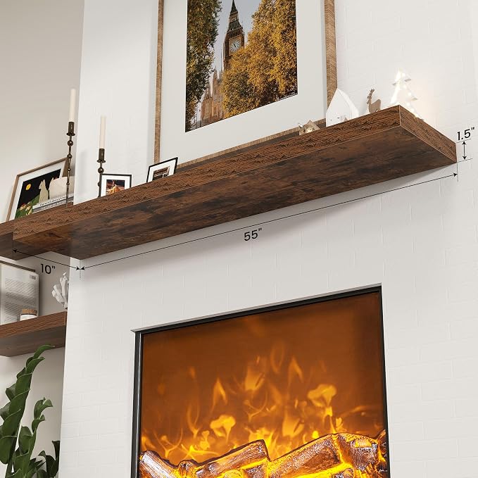 Axeman 55Inch Floating Shelves for Wall, Rustic Wood Shelves for Bedroom, Bathroom, Kitchen, Hanging Wall Mounted Shelf with Invisible Brackets for Books Decor, Set of 1, Rustic Brown