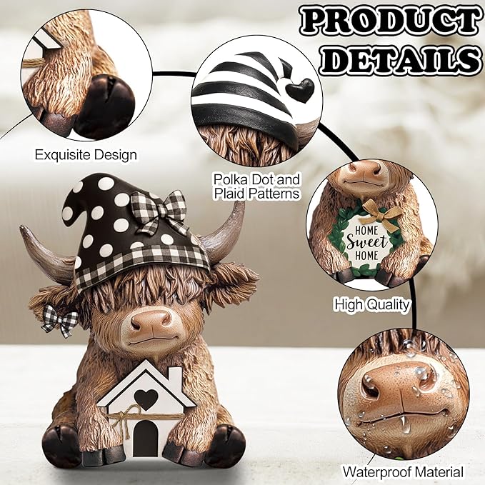 Wesiti 2 Pcs Highland Cow Home Decor Figurines Resin Farmhouse Ornament Set, Cute Cow Statues with House Home Sweet Sign, Rustic Tiered Tray Table Decor Gifts for Garden Kitchen Office