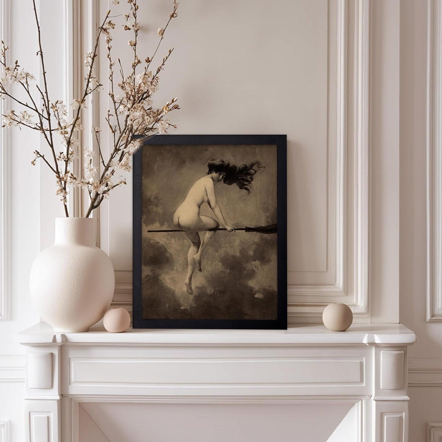 Poster Master Vintage Albert Joseph Penot Poster - Retro Halloween Print - Gift for Artist, Friend - Departure for the Sabbath, Naked Witch on Broom - Wall Decor for Bedroom, 11x14 Black Framed