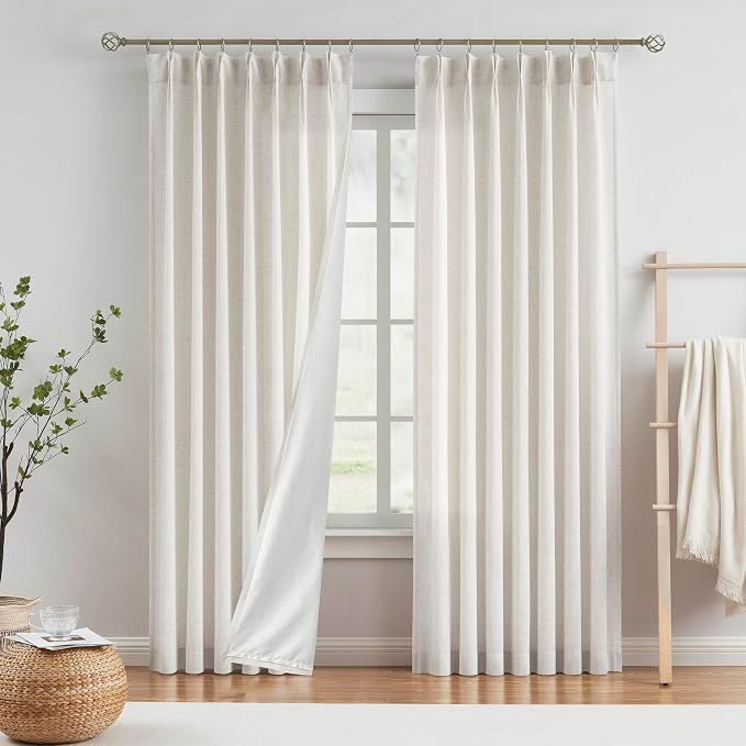 Vision Home Natural Pinch Pleated Light Filtering Window Curtain Panels with Microfiber Liner 72 inch Linen Blended Textured Privacy Drapes for Living Room Bedroom Back Tabs with Hooks 40" Wx72 Lx2