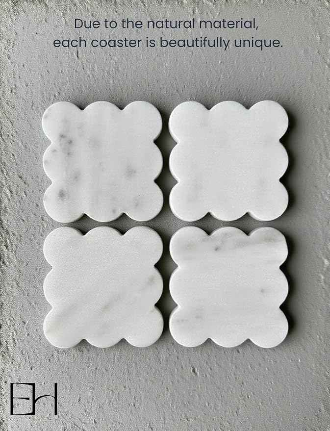 Marble Coasters Set of 4, Handcrafted Drink Protectors, Natural Stone Coaster Bar & Table Decor, Modern Desk Aesthetic Accessories, Non-Slip Luxury Gift (Marble White Square Scalloped)