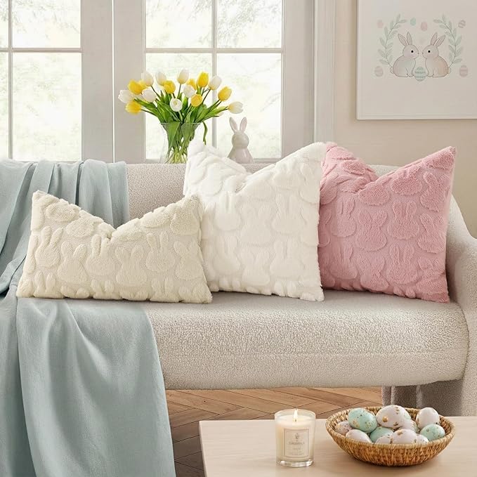 decorUhome Easter Bunny Pillow Covers 16x16 Inch Set of 2, Soft Plush Faux Wool Jacquard Cream White Rabbit Cushion Covers, Farmhouse Neutral Spring Easter Holiday Decor for Couch Sofa Bed