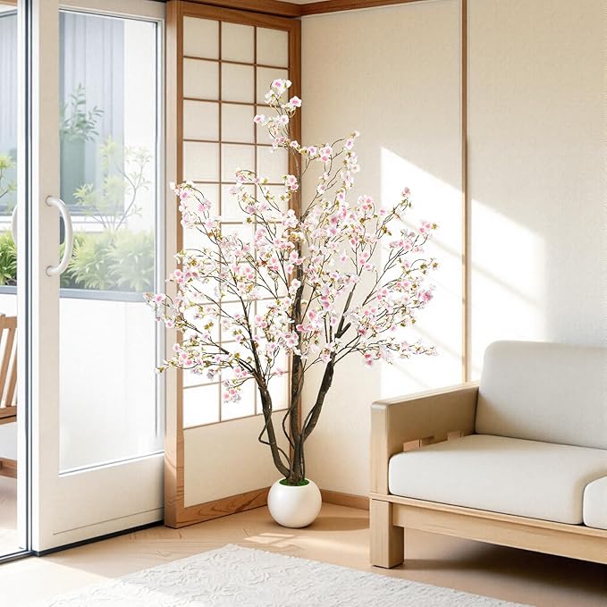Caxchiling Artificial Cherry Blossom Tree 5FT, Pink Faux Floor Tree | Ball-Shaped Pot with Moss Topper, Lifelike Faux Tree for Home Office, Living Room, Bedroom, Doorway and Hallway Decor