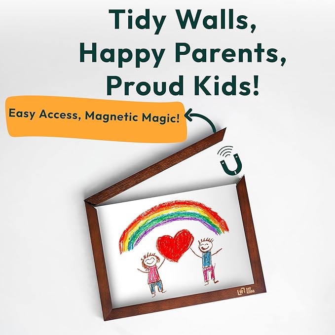 Magnetic Kids Art Frame 8.5x11 – Lift-Top Real Wood Artwork Display & Storage – Strap-Free Changeable Frame Holds 250 Drawings – Freestanding or Wall Mounted - Brown