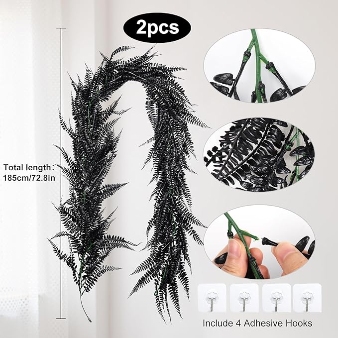 RECUTMS 2pcs Black Garland Artificial Hanging Plants 6 FT Boston Black Faux Ferns Garland Halloween Thanksgiving Party Outdoor Indoor Decor for Home