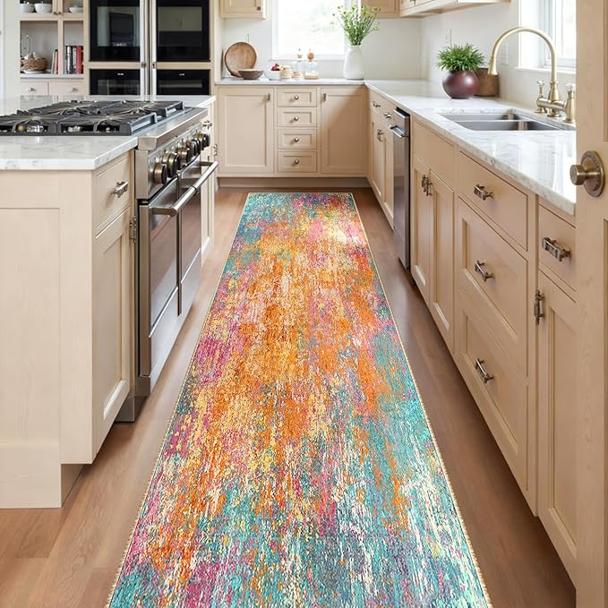 RELEANY Washable Area Rugs 2'x8' Non-Slip Modern Abstract Soft for Living Room Entryway Bedroom Nursery, Print Pattern, Orange Blue Pink Yellow Colorful