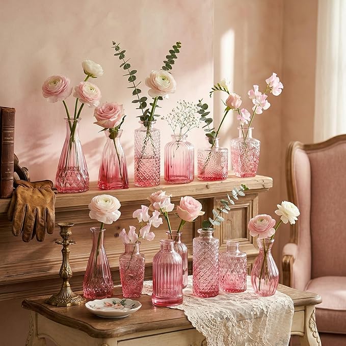 12 Pack Pink Glass Bud Vase Set, Small Vintage Vases for Centerpieces, Decorative Flower Vases for Wedding Home Table Decor