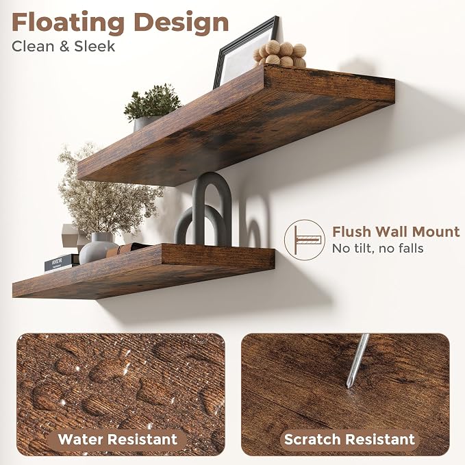 40 Inch Floating Shelves for Wall with Invisible Brackets Set of 2, 9"D Engineered Wood Wall Shelves with Wood Grain for Living Room, Bedroom, Bathroom, Kitchen Decor and Storage, Rustic Brown