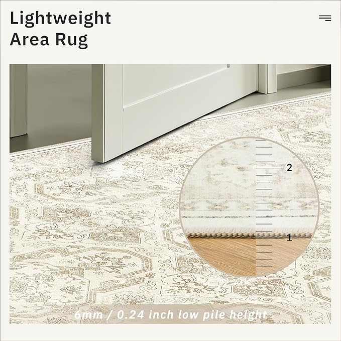 Soalmost 4x6 Area Rugs for Living Room, Vintage Washable Rugs for Dining Room, Bedroom, Home Office Decor, Non-Slip Beige/Brown Carpet Thin Rug