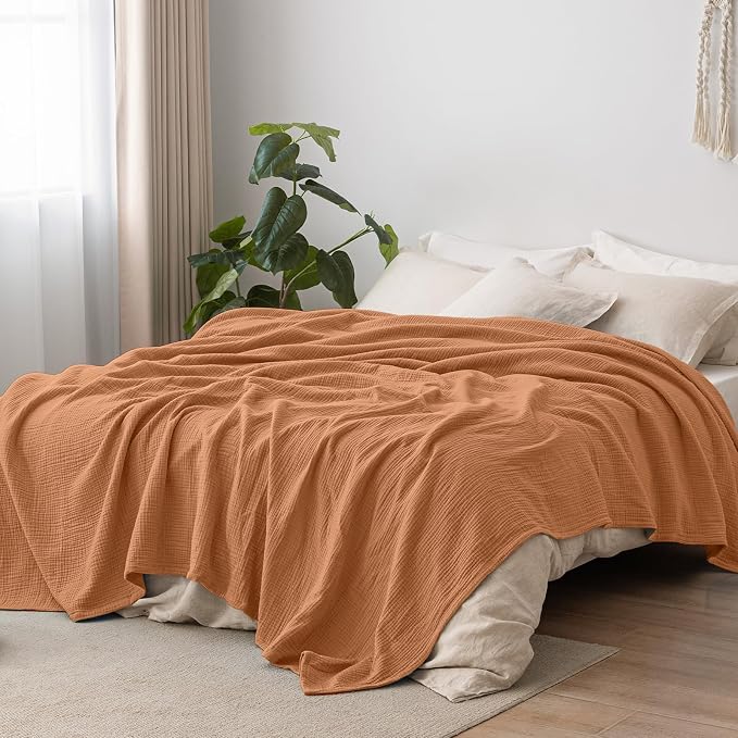 PHF 100% Cotton Muslin Blanket King Size 108"x90", 4-Layer Lightweight Gauze Throw, Breathable Cloud-Soft Minimalist Blanket for Bed, Couch, Camping, Caramel, Ideal Gift