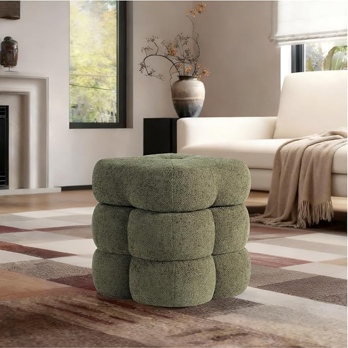 Get Set Style 360° Swivel Flower Ottoman, Linen Vanity Stool Footrest with 300LBS Capacity, No Assembly Small Space Accent Chair for Living Room Bedroom Entryway(Olive Green)