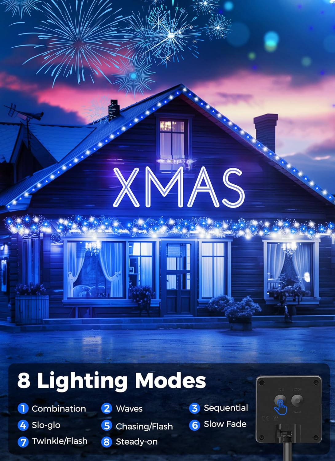 Minetom Solar String Lights - 4 Pack, 160FT, 400 LED with 8 Modes, Waterproof, Outdoor Christmas Lights for House & Tree, Blue & White