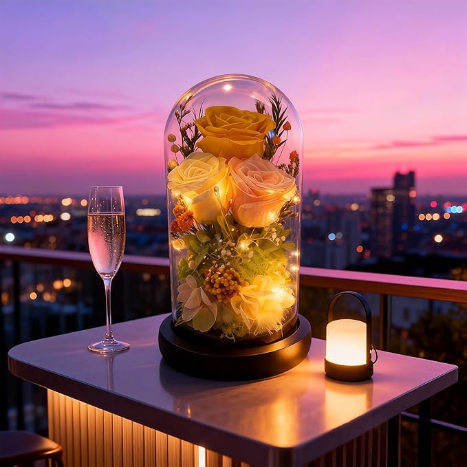 HipTree Preserved Yellow Rose in Glass Dome with LED Lights - Forever Eternal Real Rose Gifts for Women, Valentines Day Mothers Day Birthday Christmas Gift Wedding Anniversary for Mom Wife Girlfriend