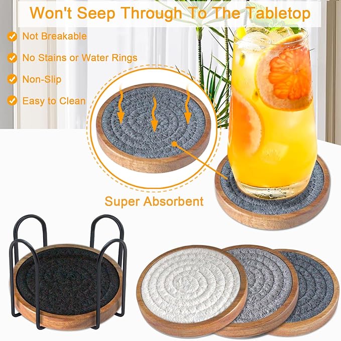 Eykao Coasters for Drinks Absorbent Sets of 5, Woven Coasters with Holder, Housewarming Gift for Farmhouse Home Decor, 4 inches (Gray Series)