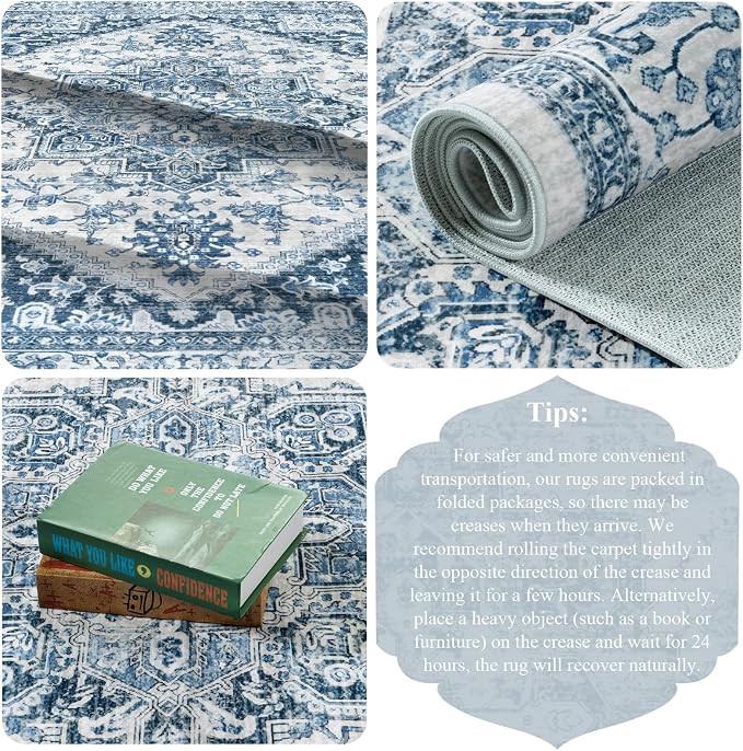 LIVEBOX Blue Washable Area Rug 5x7 - Large Vintage Tribal Living Room Non-Slip Indoor Carpet for Bedroom, Low-Pile Retro Print Distressed Accent for Nursery Entryway Office