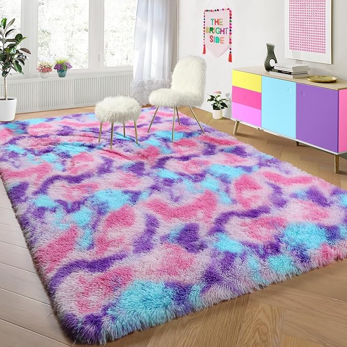PAGISOFE Rainbow Purple Rugs for Girls Bedoom 5x7 Ft, Fluffy Cute Colorful Pastel Princess Carpet for Living-Room Kids Nursery, Ultra Soft Dorm Rug for Room Decor Aesthetic,Hot Pink Bedroom Decor