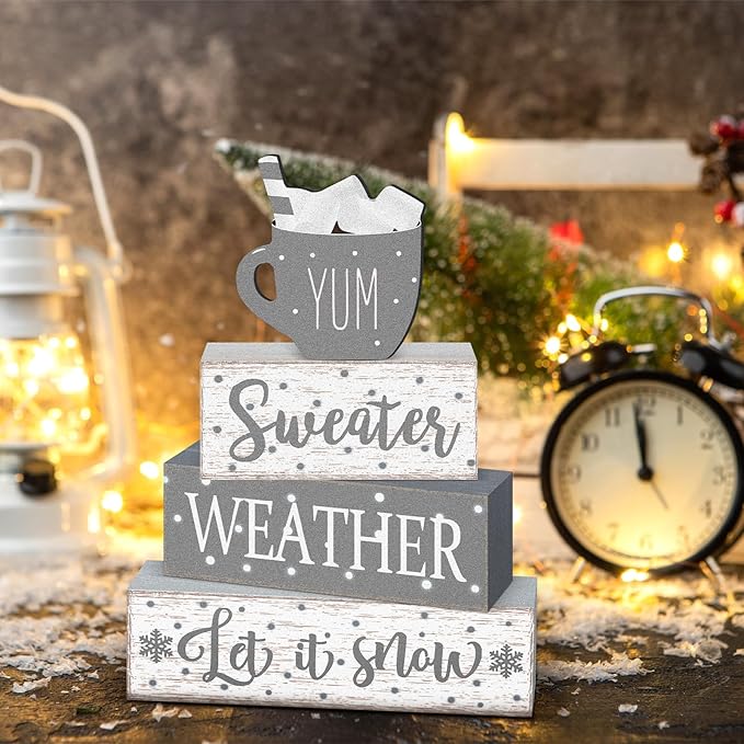 Marsui 4 Pcs Winter Christmas Wooden Tabletop Decor Rustic Wooden Hot Cocoa Block Sign Gift Farmhouse Xmas Tiered Tray Decor Let It Snow Table Centerpiece Winter Decorations for Home Office Desk Shelf