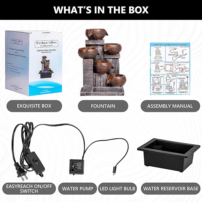 Father'sDen Collection Indoor Fountains and Waterfalls from 5-Tiered Pots-12”H Tabletop Water Fountain-Desk Fountain-Office Decor with Audible Calming Waterfall Sounds-Zen Fountain with Color Lights
