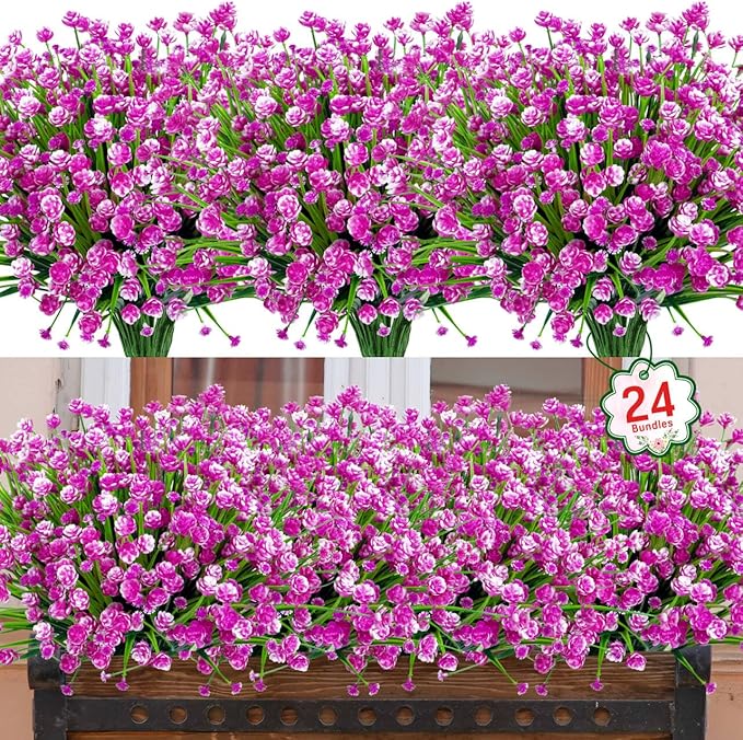 Ouddy Decor 24 Bundles Artificial Flowers for Outdoors UV Resistant Fake Plastic Plants Faux Greenery Stems for Spring Summer Indoor Garden Patio Window Kitchen Home Decor, Fuchsia
