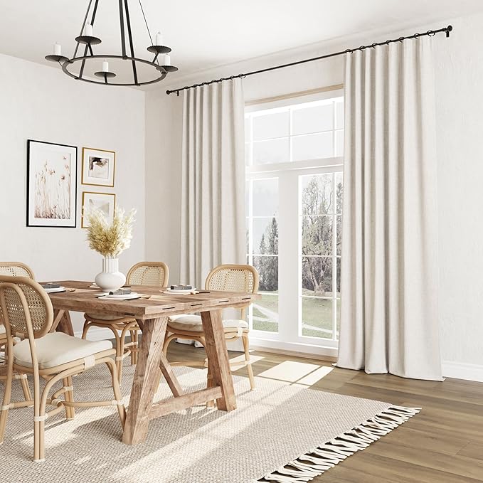 Beige White 100% Blackout Linen Curtains 63 Inch Length 2 Panels Set for Living Room Bedroom Back Tab Thermal Insulated Black Out Drapes Room Darkening Farmhouse Style for Bedroom Window Curtains