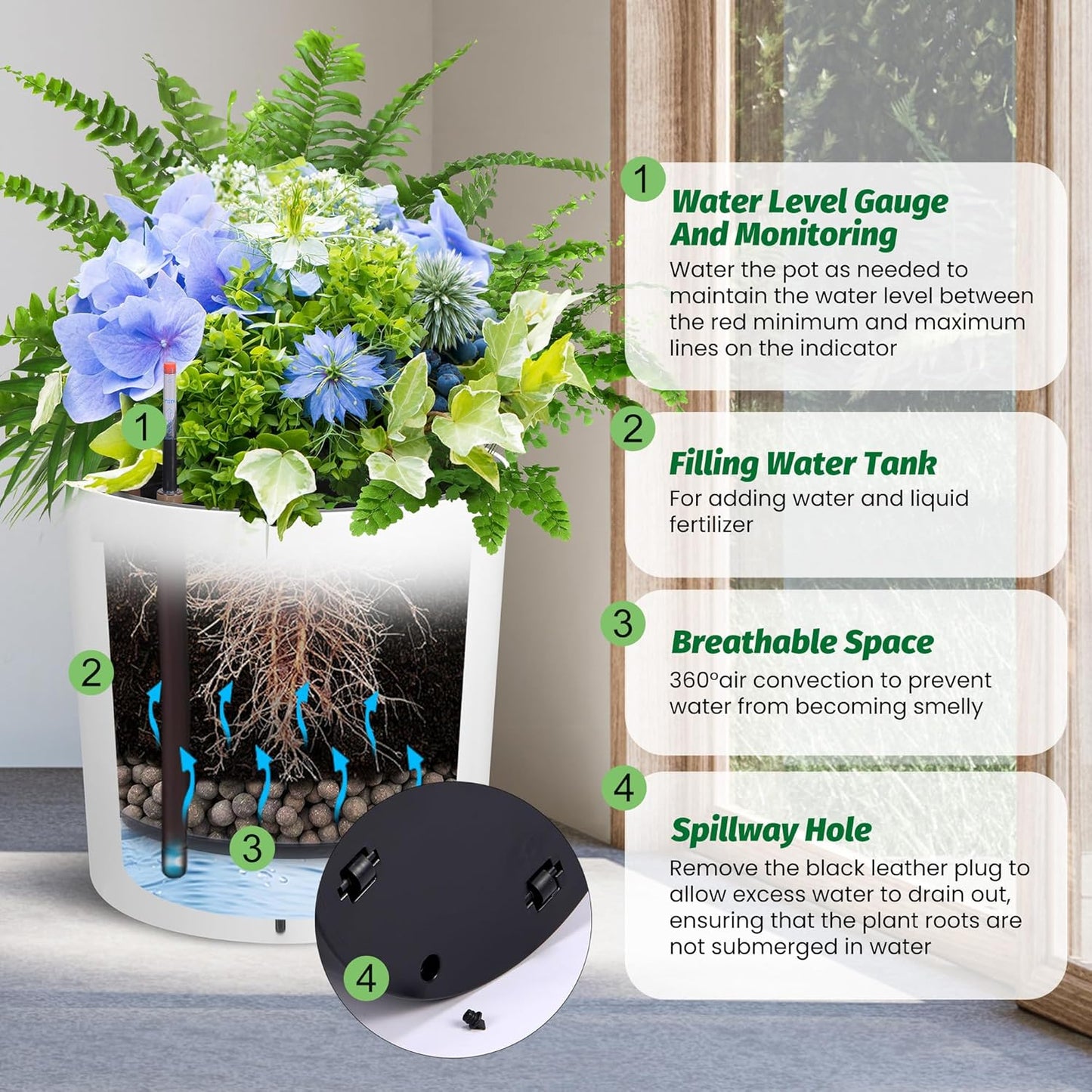 Tall Round Planter Set of 2, 19.5‘’ H x 19.9" Dia Large Planters for Indoor Plants with Built-in Drainage and a Water Level Monitor and Wheels for Patio, Porch, Living Room, or Home Office, White