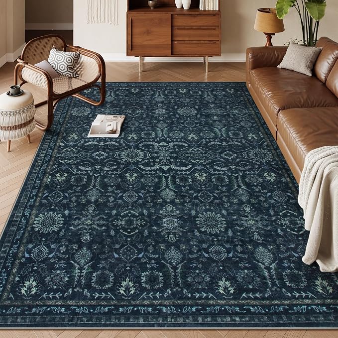 Lahome Navy Blue 8x10 Washable Area Rugs, Dark Blue Living Dining Room Rug | Dark Vintage Thin Stain Resistant Carpets for Bedroom Dorm Home Office