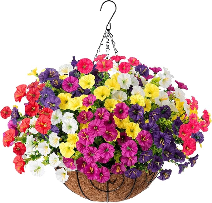Artificial Faux Hanging Flowers Plants Basket for Outdoors, Silk Morning Glory with Eucalyptus in Planter Look Real UV Resistant Fake Flowers for Porch Outside Patio Balcony Yard Indoor Summer Decor