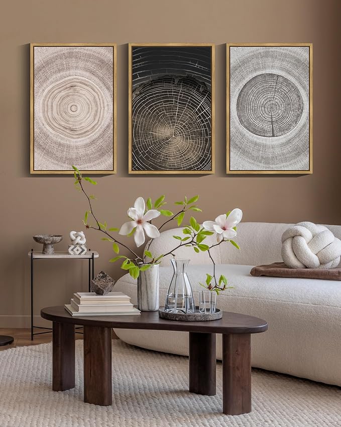 PHOPAGO Vintage Wood Tree Rings Wall Art 16x24in Farmhouse Rustic Framed Canvas Paintings Living Room Bedroom Decor Nature Artwork Natural Framed