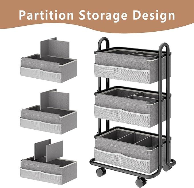 3-Tier Baby Diaper Caddy Organizer Cart, Mobile Nursery Storage Carts with Wheels, 3 Dividers & 6 Mesh Pockets Durable Metal Utility Cart for Nursery, Bedroom, Bathroom, Baby Essentials Organization